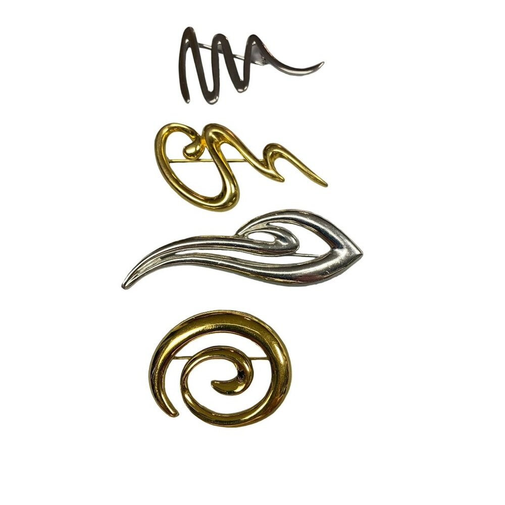 Vintage Four Gold tone and Silver tone Modernist Squiggle and Swirl Womens Brooc